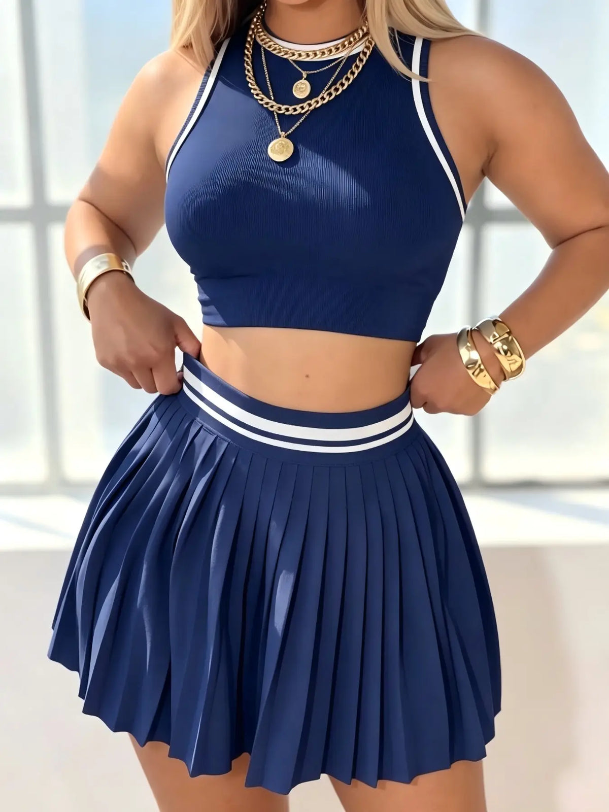 Women's New Sporty Casual Colorblock Pleated Skirt Set, Sleeveless Vest Two-Piece, Skirt And Top Set, Fashionable Summer Wear