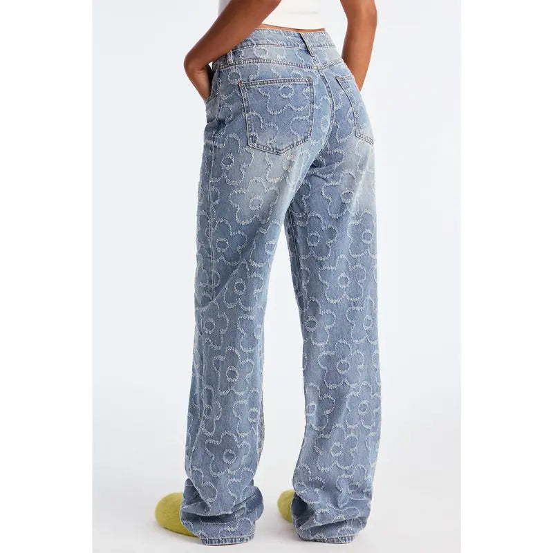 Tall Flower Power Jacquard Wide Leg Jeans - Medium Wash