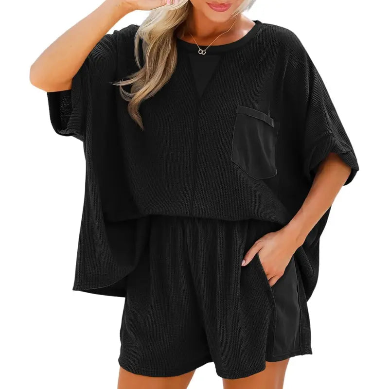 Imily Bela Womens Summer Waffle Knit 2 Piece Outfits Oversized T Shirt Casual Shorts Loungwear Short Sets