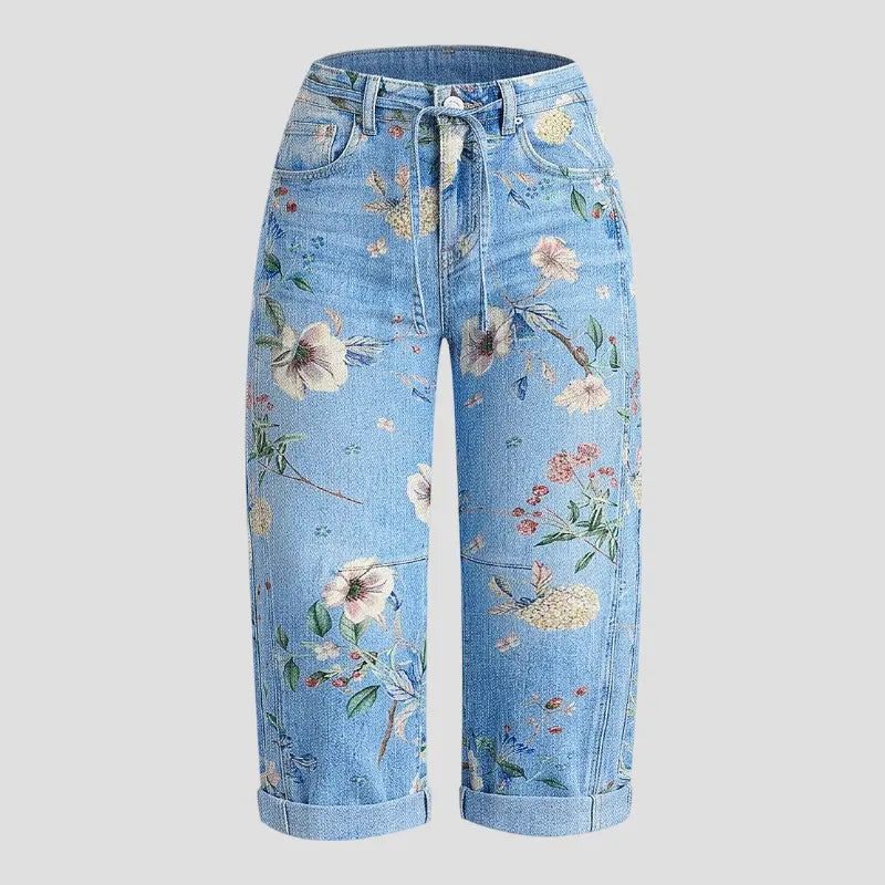 Flamingals Floral Pattern Drawstring Stitch Detail Mid Waist Barrel Leg Capri Jeans Womenswear Stretchy 20.5" Inseam