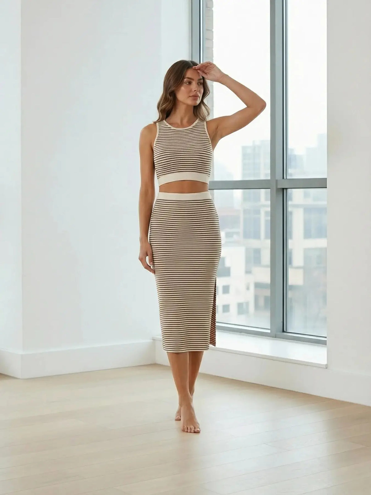 Women's Striped Print Sleeveless Crop Top & Skirt Two-Piece Set Outfit, Casual Fashion Cozy Top & Skirt for Daily Outdoor Wear, Ladies Clothes for All Seasons