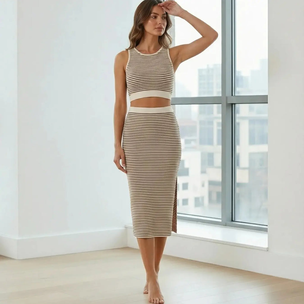 Women's Striped Print Sleeveless Crop Top & Skirt Two-Piece Set Outfit, Casual Fashion Cozy Top & Skirt for Daily Outdoor Wear, Ladies Clothes for All Seasons