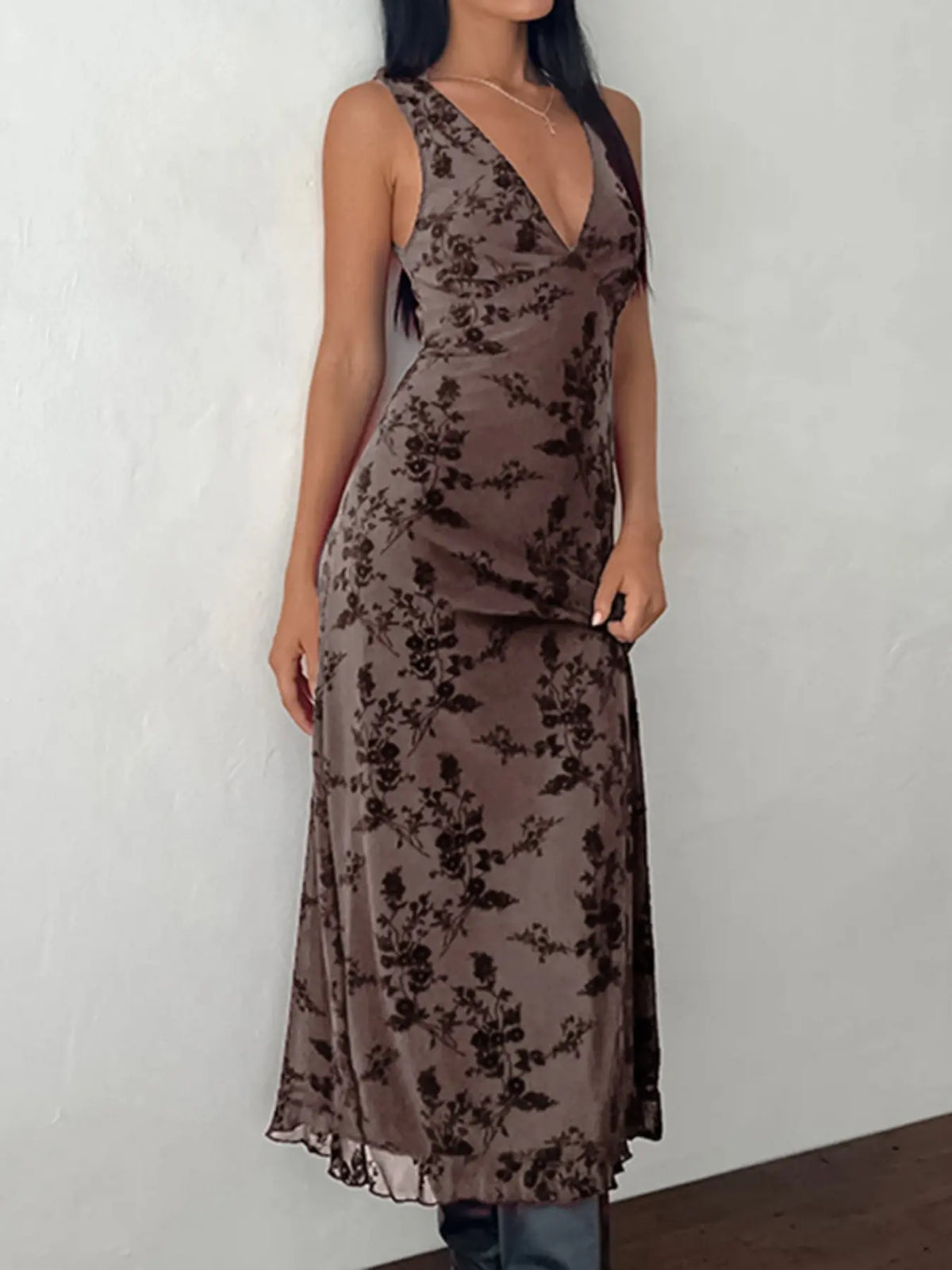Women's Floral Print Deep V Neck A Line Dress, Elegant Aesthetic Sleeveless Plunge Neck Bodycon Long Dress, Ladies Clothes for Party Holiday Wedding Guest, Dresses
