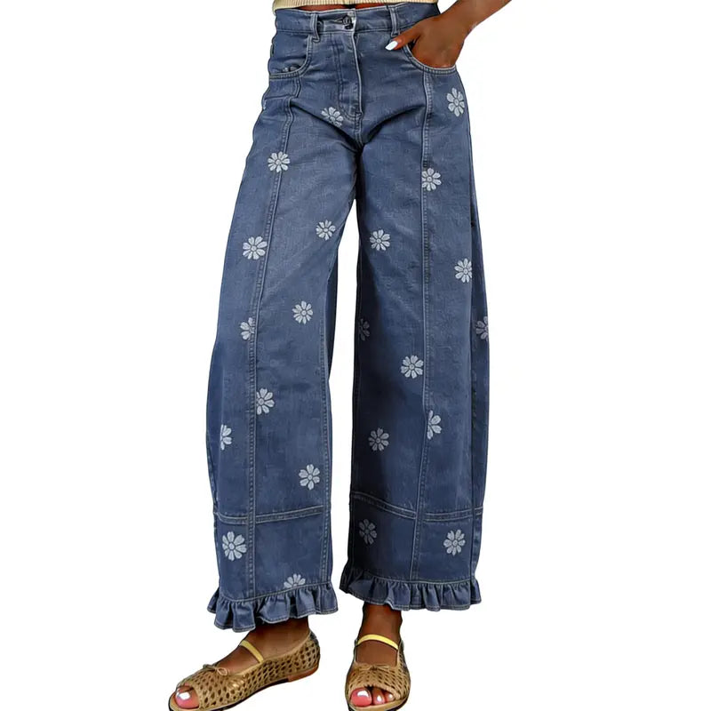 utcoco Women's Floral Print Barrel Jeans - 2026 Y2k Patchwork Wide Leg Baggy Boyfriend Denim Pants, Hang Dry, Party-Ready