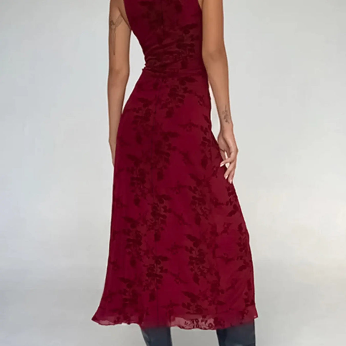 Women's Floral Print Deep V Neck A Line Dress, Elegant Aesthetic Sleeveless Plunge Neck Bodycon Long Dress, Ladies Clothes for Party Holiday Wedding Guest, Dresses