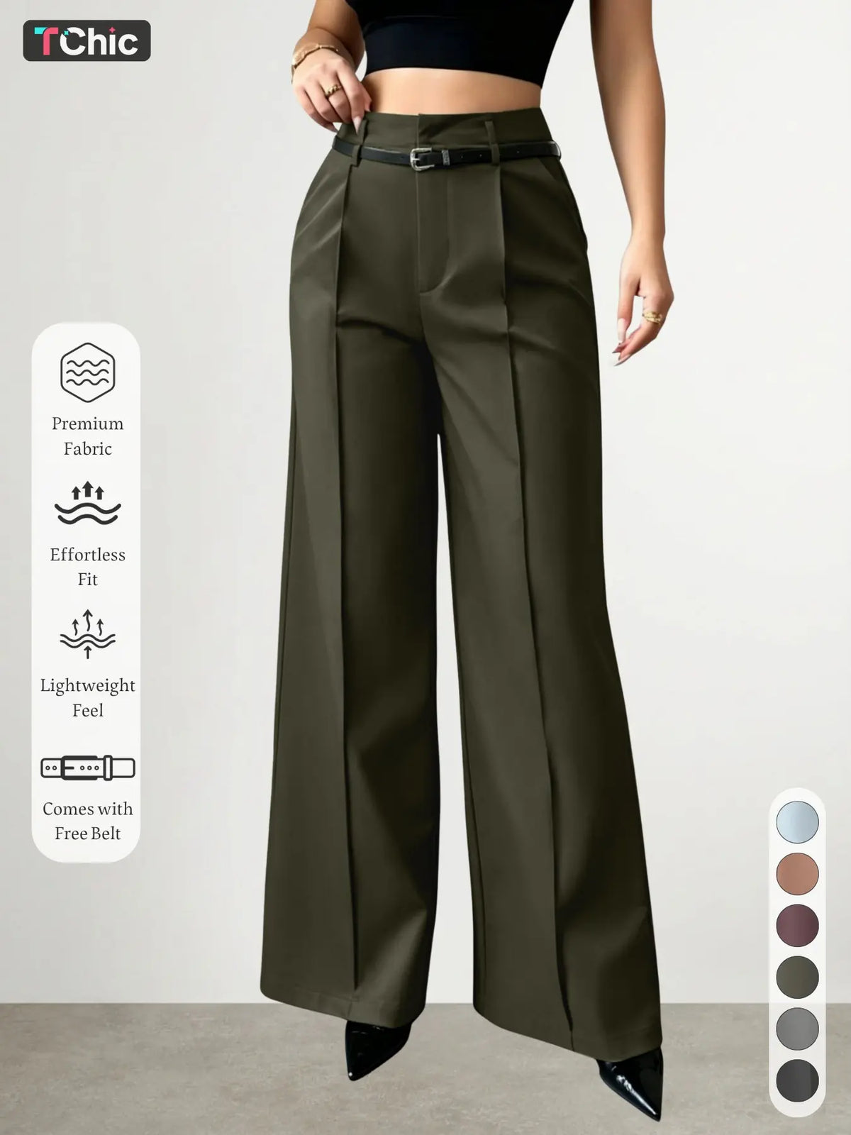New Women's High-Waisted Wide-Leg Suit Pants Pleated Design with Belt, Casual Elegant Comfortable Fit Style for Daily Commute