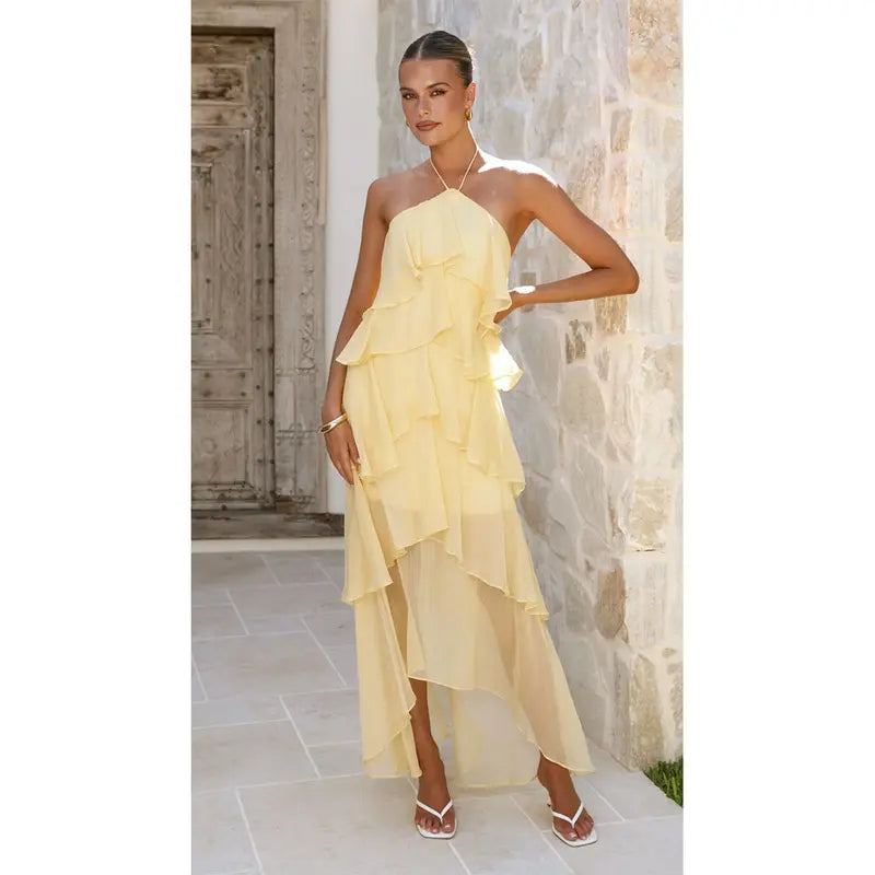 Aprilake Women's Summer Frill Halter Neck Flowy Chiffon Sundress A-Line Tiered Ruffle Long Maxi Formal Wedding Dress