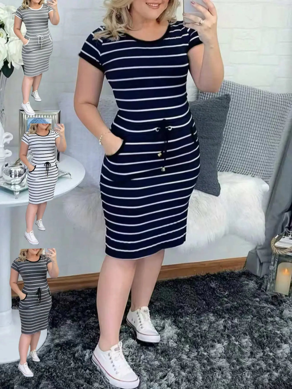 2026 New Casual Fit Double Pocket Lapel Button Plaid Drawstring Bodycon Dress, Stylish and Comfortable Design, Perfect for Daily Wear