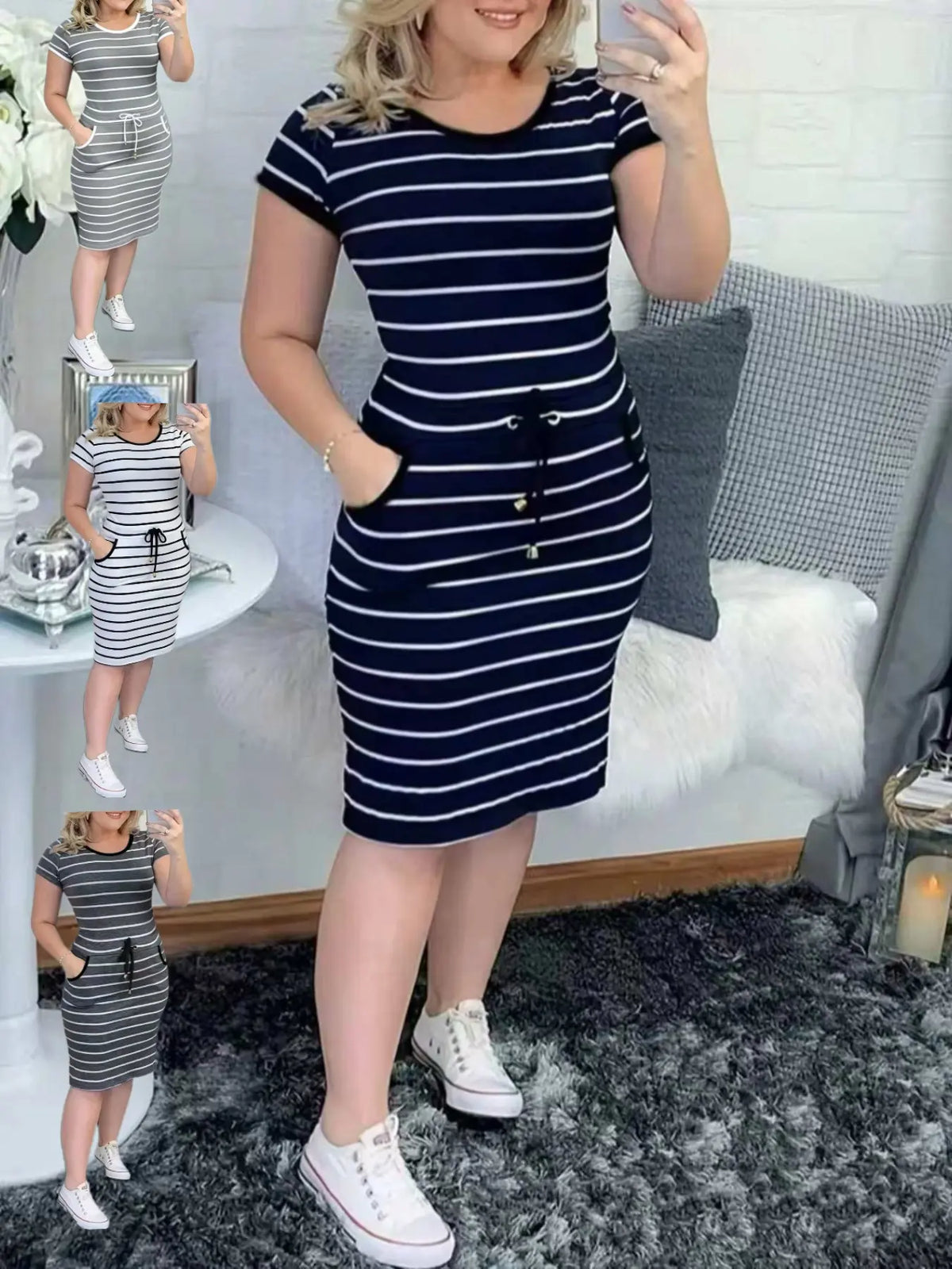 2026 New Casual Fit Double Pocket Lapel Button Plaid Drawstring Bodycon Dress, Stylish and Comfortable Design, Perfect for Daily Wear