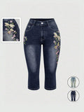 Women's Casual Retro Dragonfly Embroidery Capri Denim Pants, Y2K Stretch Jeans, Comfortable and Stylish, Perfect for Daily Wear, Trendy and Versatile, Streetwear Denim Pants