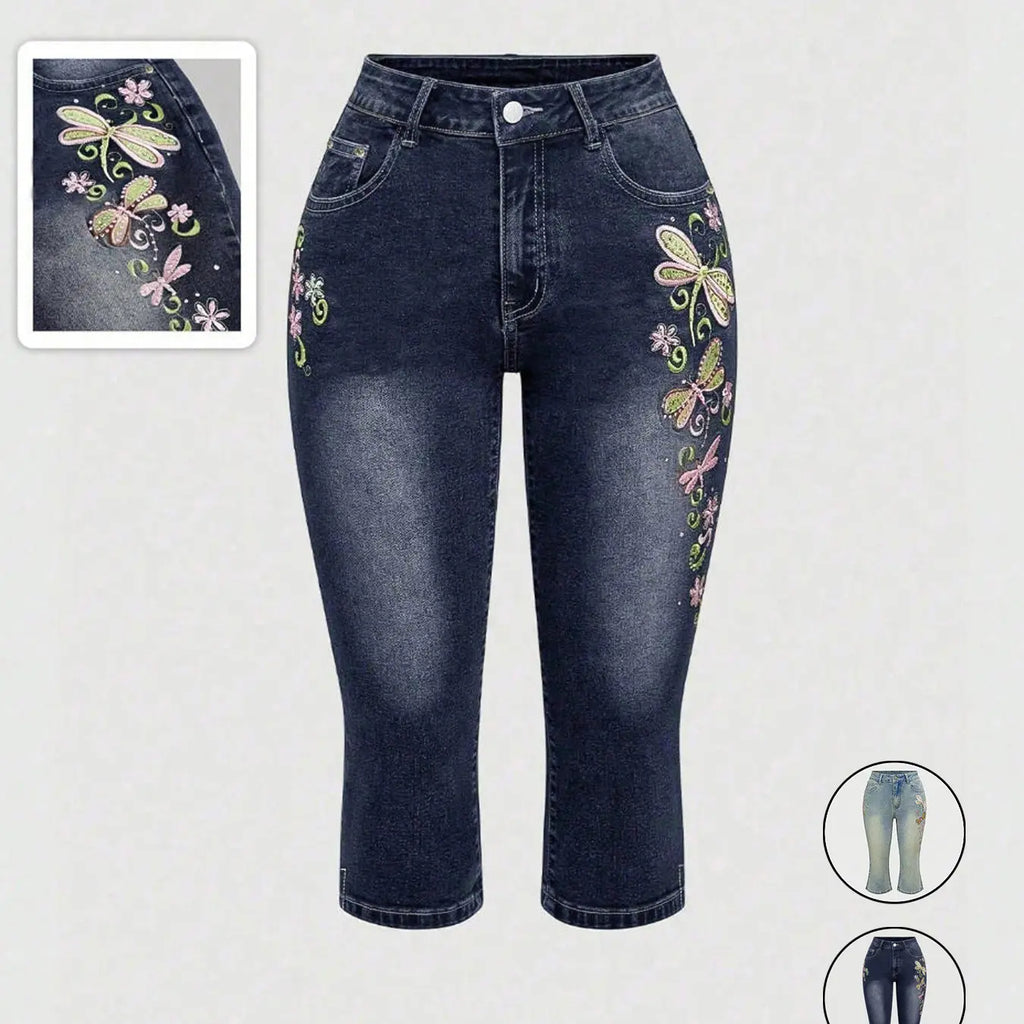 Women's Casual Retro Dragonfly Embroidery Capri Denim Pants, Y2K Stretch Jeans, Comfortable and Stylish, Perfect for Daily Wear, Trendy and Versatile, Streetwear Denim Pants