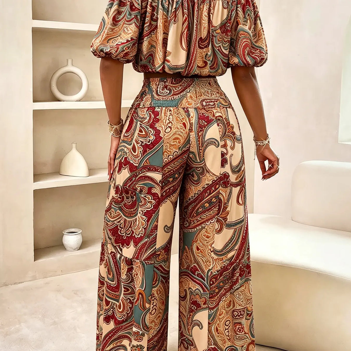 Women's Summer Paisley Print Bohemian Boho Vintage Chic Vacation Two-Piece Outfit, Two Pieces Outfits, Off-Shoulder Bubble Sleeve Crop Top + High Waist Adjustable Drawstring Wide Leg Pants