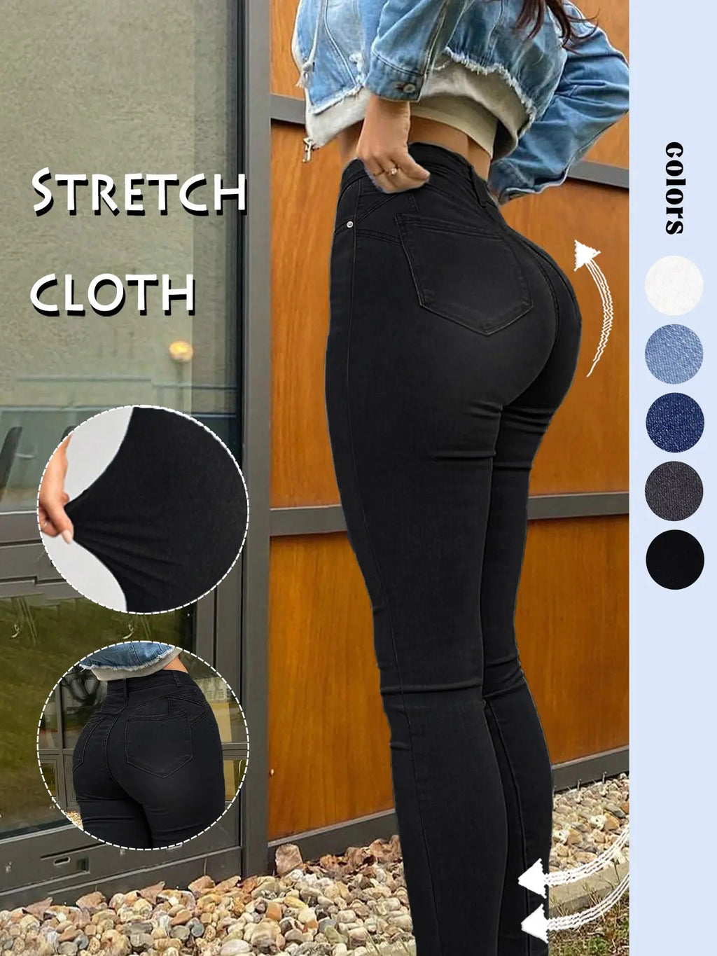 Women's High-Waisted Tight Denim Jeans, Casual Comfort Stretch Conical Jeans, Y2K Washed Blue Button Fly, Street Style Long Pants