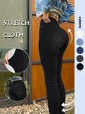 Women's High-Waisted Tight Denim Jeans, Casual Comfort Stretch Conical Jeans, Y2K Washed Blue Button Fly, Street Style Long Pants