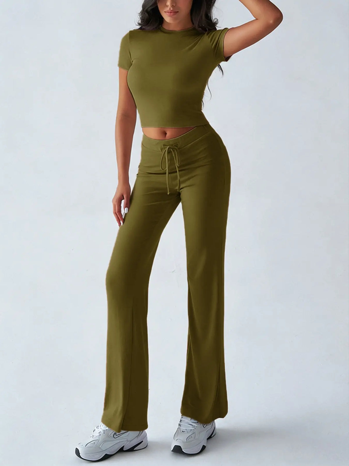 Women's Basic Minimalist Solid Short Sleeve Two-piece Set, Casual Round Neck Crop Tee & Drawstring High Waist Trousers for Daily Wear, Ladies Summer Clothes, Womenswear