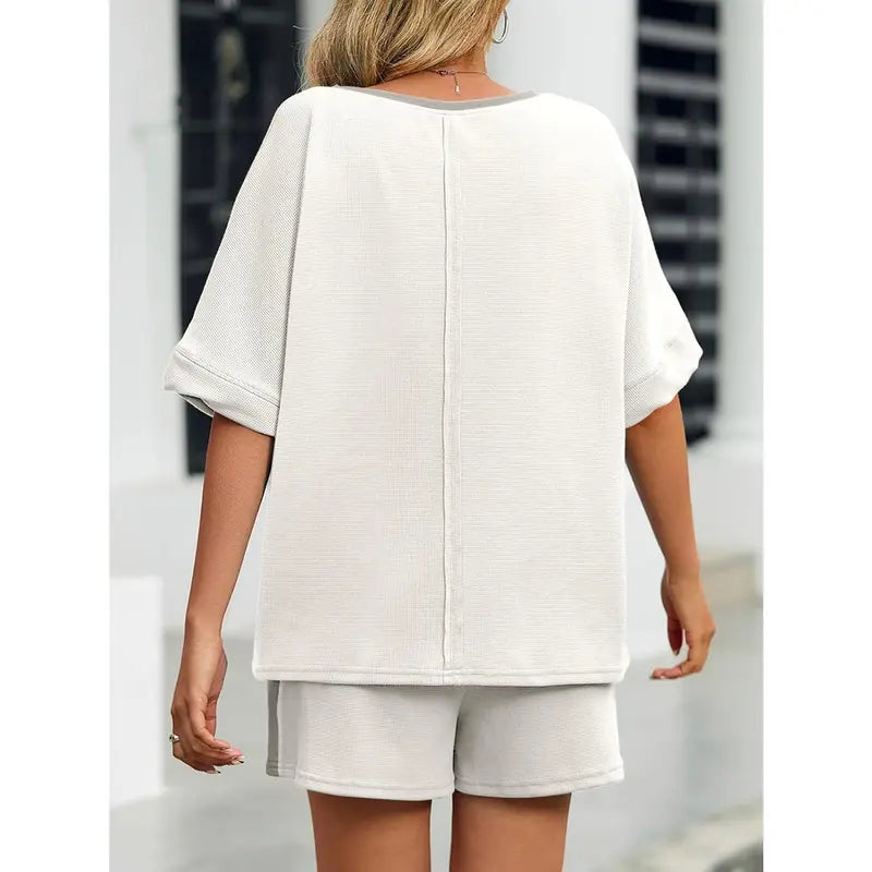 Imily Bela Womens Summer Waffle Knit 2 Piece Outfits Oversized T Shirt Casual Shorts Loungwear Short Sets