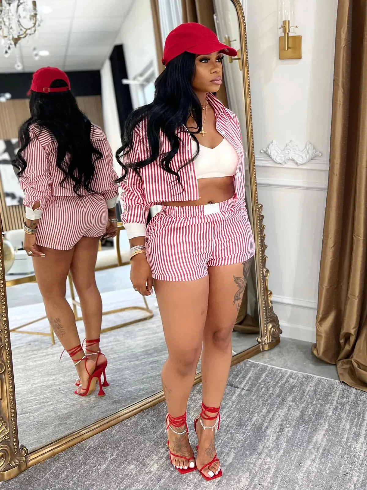 Women's Striped Print Button Long Sleeve Shirt and Shorts, Collared Fitted Top and Shorts for Daily Wear, Ladies Two-Piece Outfit for Spring and Summer, Casual Fashion Matching Set, Womenswear