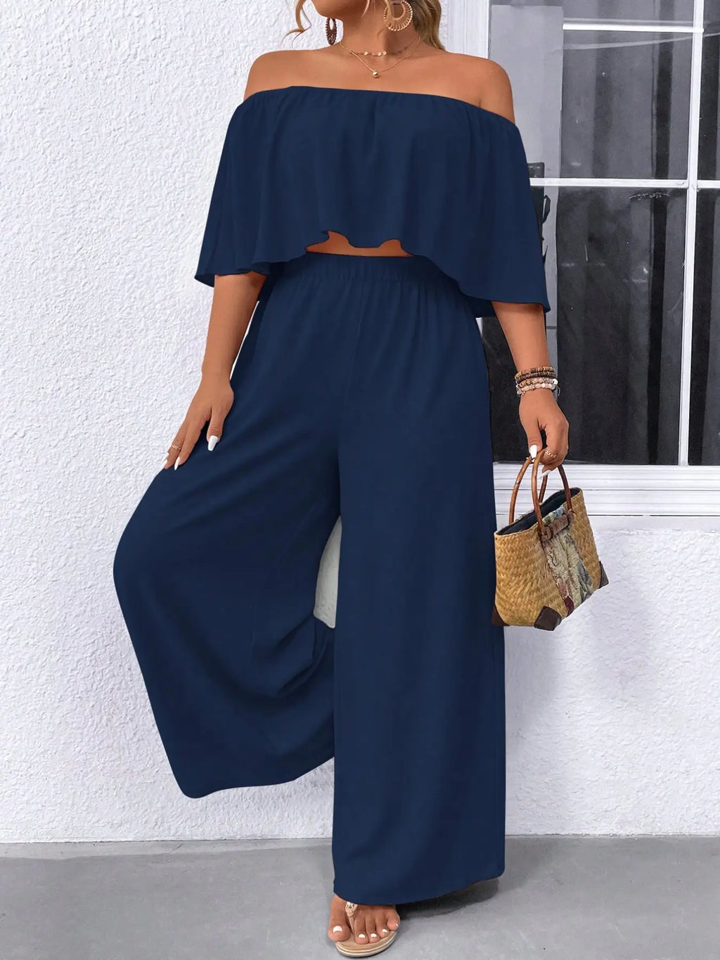 Women's Plus Size Two Piece Sets Off Shoulder Ruffle Crop Top High Waist Wide Leg Pants Matching Sets Solid Black Flowy Casual Summer Vacation Outfits Resort Wear Elegant Boho Co-ord Spring Womenswear Clothes Elegance