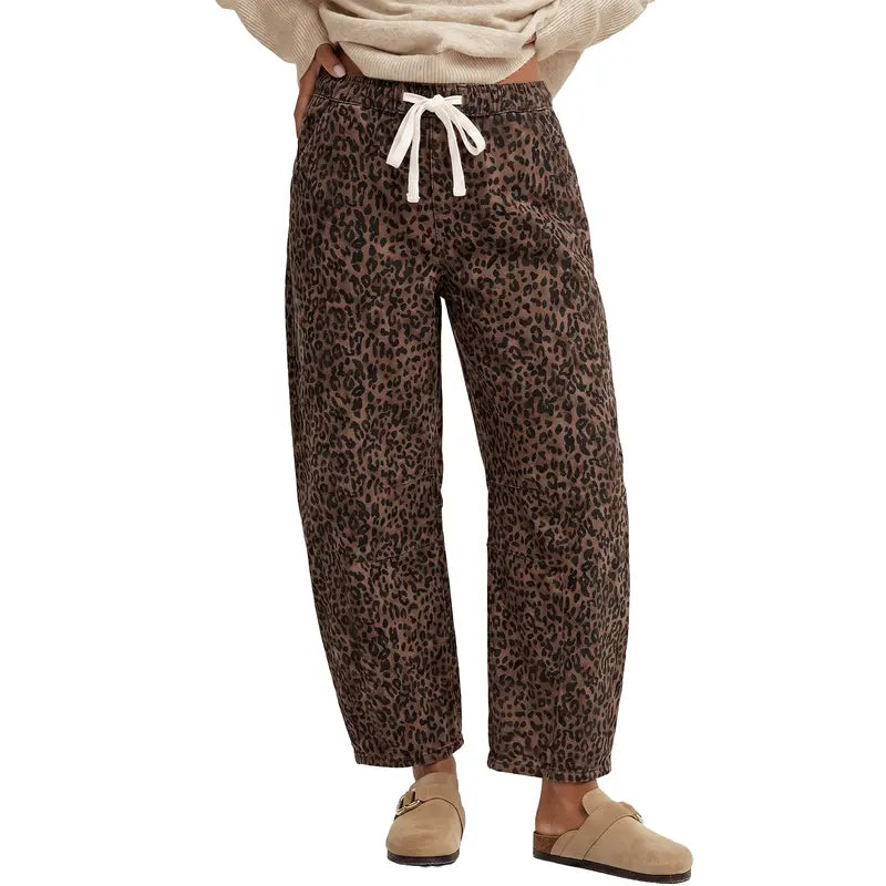【GRAPENT Barrel Jeans Collection】Women's High-Waisted Stretchy Leopard Print Pull-On Cropped Ankle Denim Bottoms, Stylish Women's Wear for Early Fall Backtoschoolshopping, Women's Fashion Essential