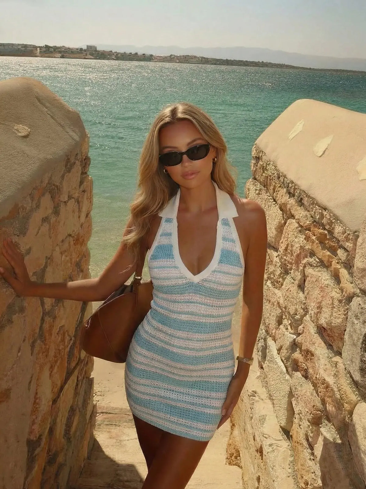 Elegant Striped Beach Vacation Dress, Sexy Knit Bodycon Sweater Dress, Spring Summer Versatile Casual Wear Women's Fashion
