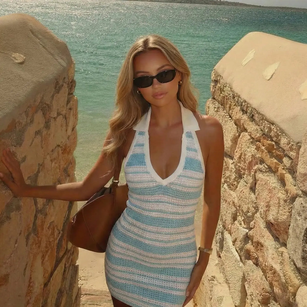 Elegant Striped Beach Vacation Dress, Sexy Knit Bodycon Sweater Dress, Spring Summer Versatile Casual Wear Women's Fashion