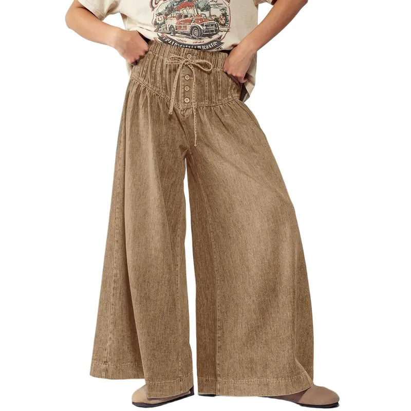 CHOUYATOU Women's Mid-Rise Baggy Flared Denim Pants, Streetwear Style with Pleated Ruffles and Elastic Drawstring Waist, Baggy Jeans