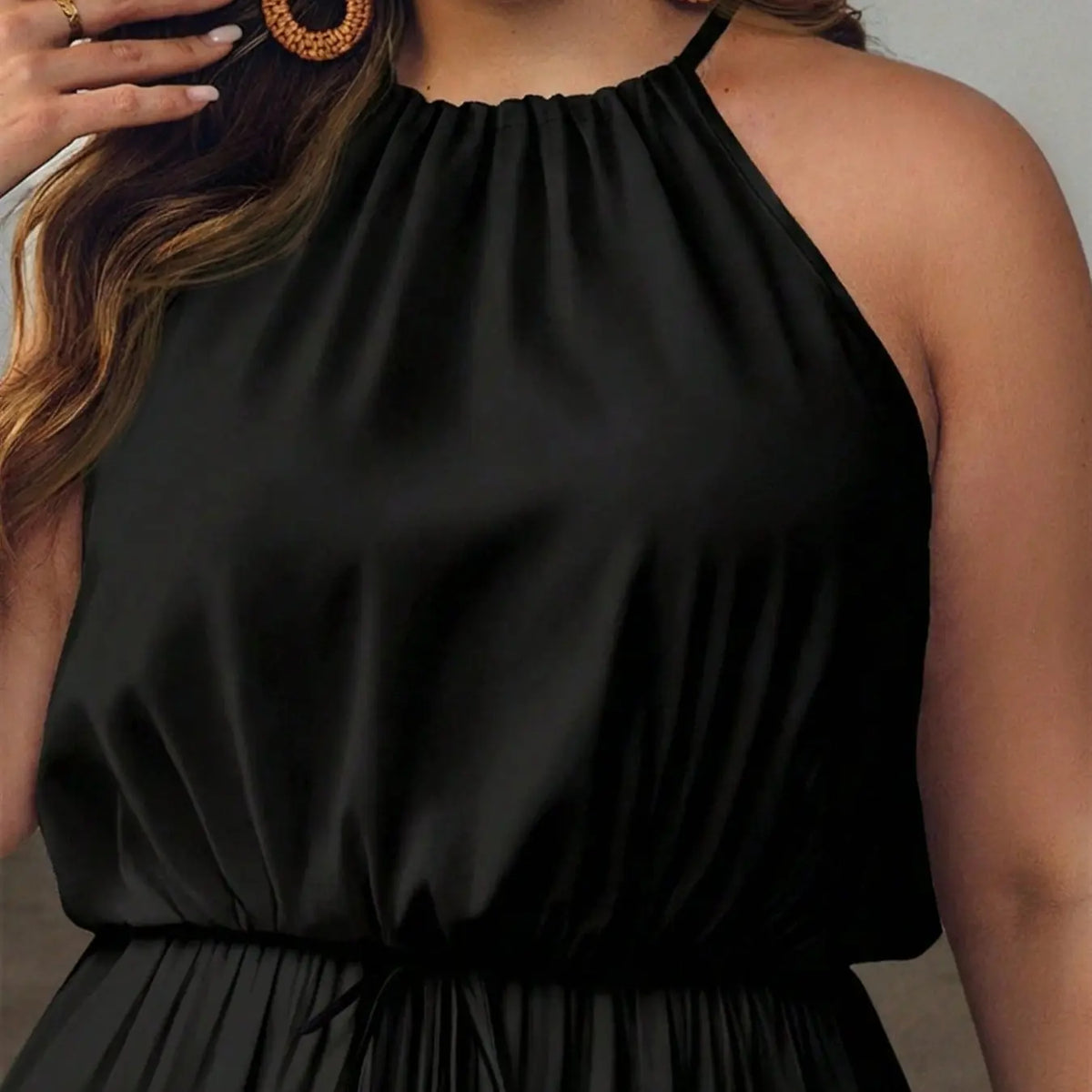 Elegant Plus Size Solid Color Halter Short Drawstring Adjustable Romper, Perfect for Holidays, Casual Daily Wear, Fashionable and Comfortable Clothes for Women, Casual Sleeveless Romper