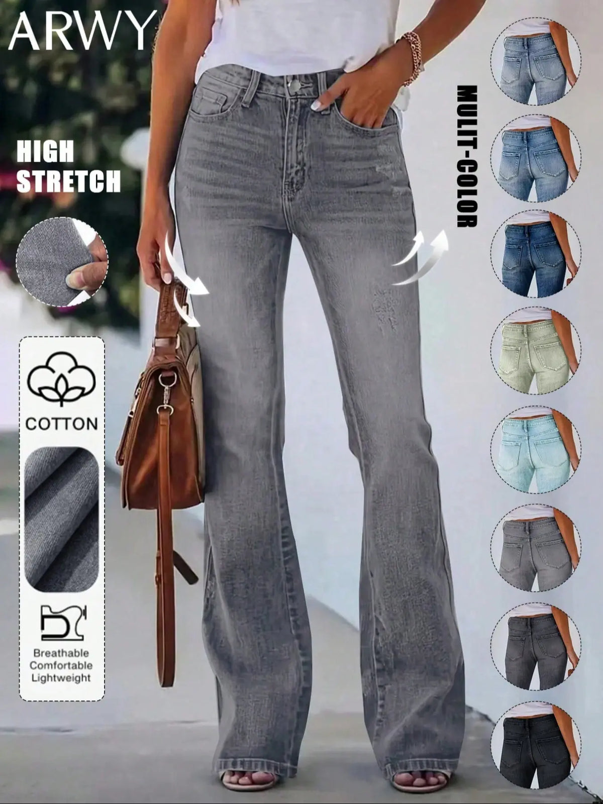 Women's Bohemian Gradient Slim-Fit Flare Leg Denim Jeans for All Seasons, Medium-Wash Denim Mid-Waist Stretchy Pants with Pockets, Womenswear