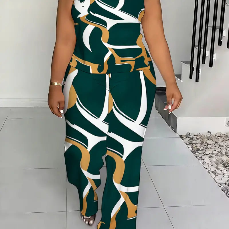 Women's 2026 New Plussize Printed 2-Piece Fashion Apparel Set - High Neck Sleeveless Flattering Tops, Wide Leg Pants, Chic Casual Women's Clothes Cute 2-Piece Sets