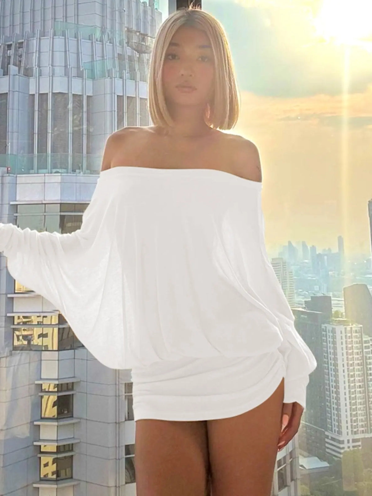 Women's Solid Off-The-Shoulder Long Sleeve Dress, Womenswear Fashion Statement Chic Elegant Fitted Minimalist Casual Sheer for Party Club Dating Wear, Women's Dress for Spring & Fall, Elegance