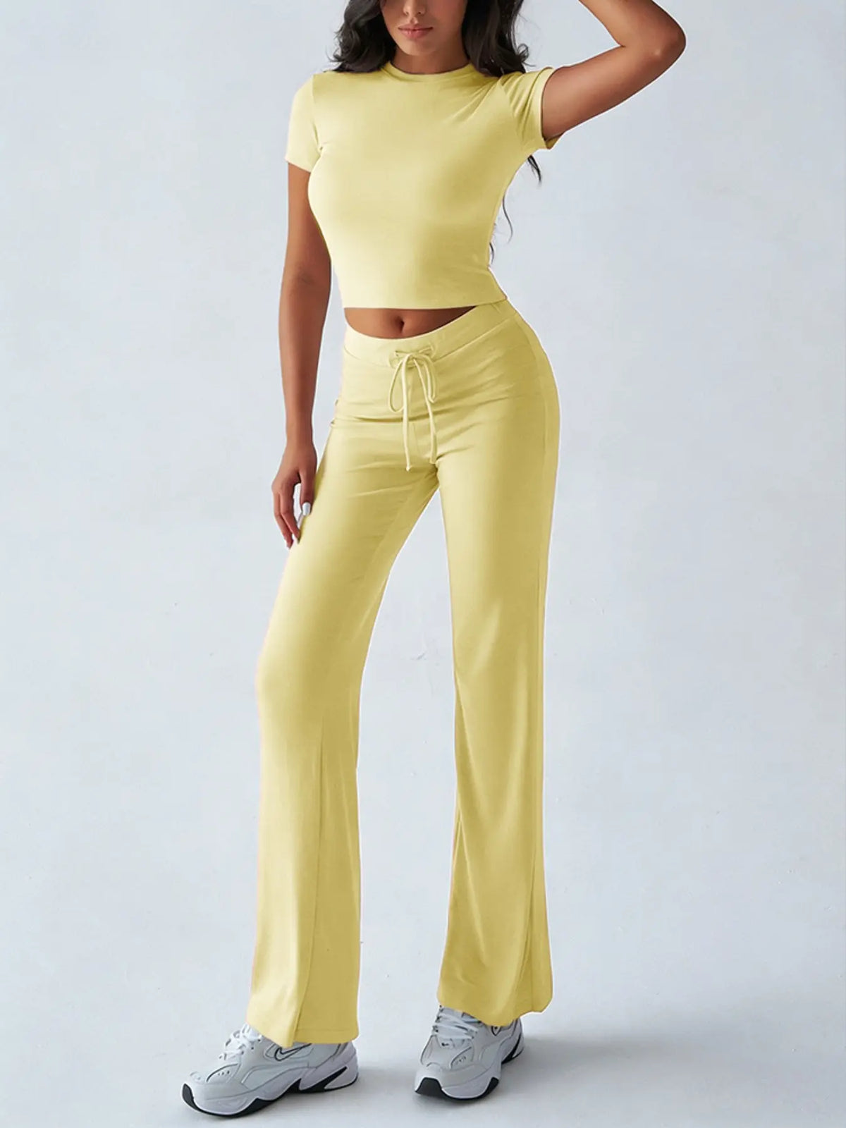 Women's Basic Minimalist Solid Short Sleeve Two-piece Set, Casual Round Neck Crop Tee & Drawstring High Waist Trousers for Daily Wear, Ladies Summer Clothes, Womenswear