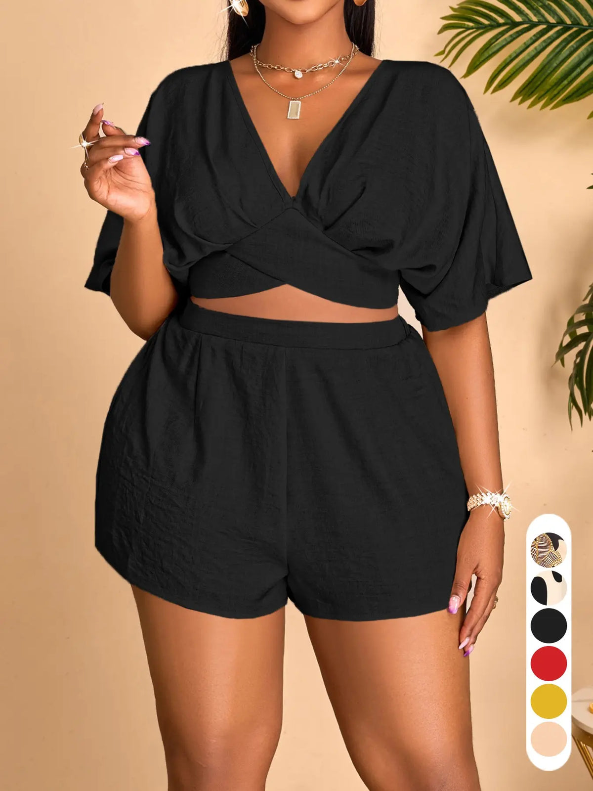 Plus Size Elegant Casual Chic Women's Two-Piece Set, Deep V-Neck Short Sleeve Top and High-Waisted Shorts for Spring & Summer, Womenswear, Clothes, Summer Matching Sets