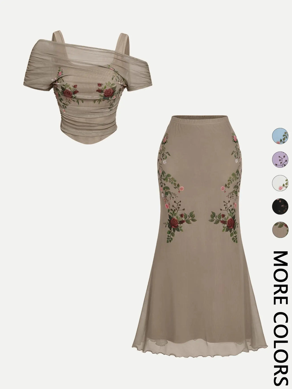 2 Piece Trendy Romantic Fairy Floral Print Off Shoulder Top and Midi Skirt Clothes Set for Women, Figure Flattering for Date, Vacation and Wedding