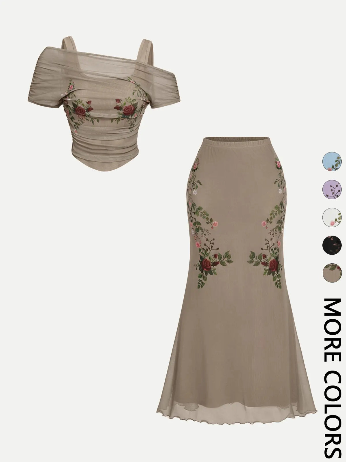 2 Piece Trendy Romantic Fairy Floral Print Off Shoulder Top and Midi Skirt Clothes Set for Women, Figure Flattering for Date, Vacation and Wedding
