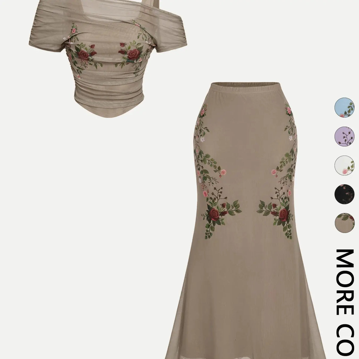 2 Piece Trendy Romantic Fairy Floral Print Off Shoulder Top and Midi Skirt Clothes Set for Women, Figure Flattering for Date, Vacation and Wedding