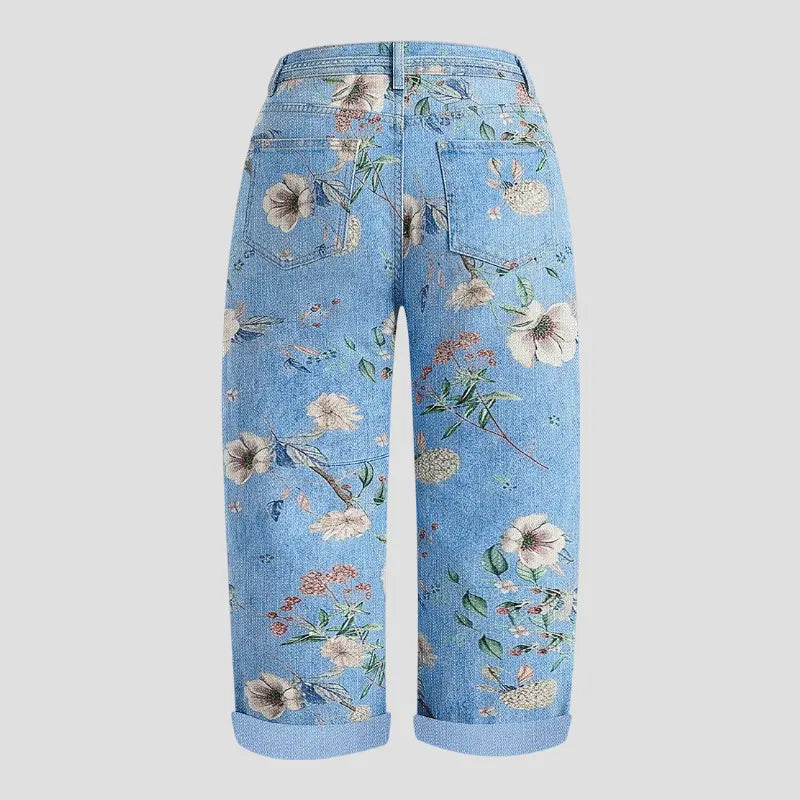 Flamingals Floral Pattern Drawstring Stitch Detail Mid Waist Barrel Leg Capri Jeans Womenswear Stretchy 20.5" Inseam