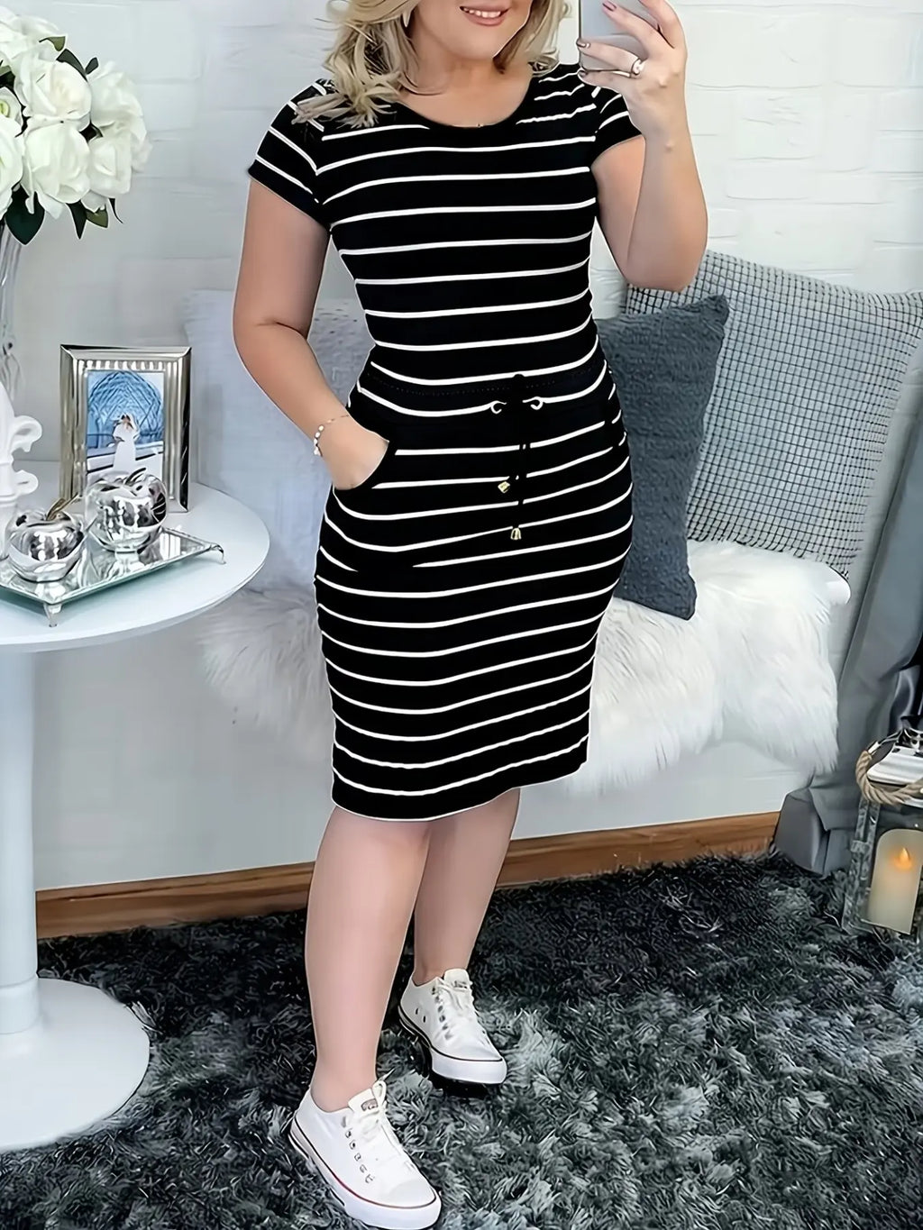 2026 New Casual Fit Double Pocket Lapel Button Plaid Drawstring Bodycon Dress, Stylish and Comfortable Design, Perfect for Daily Wear
