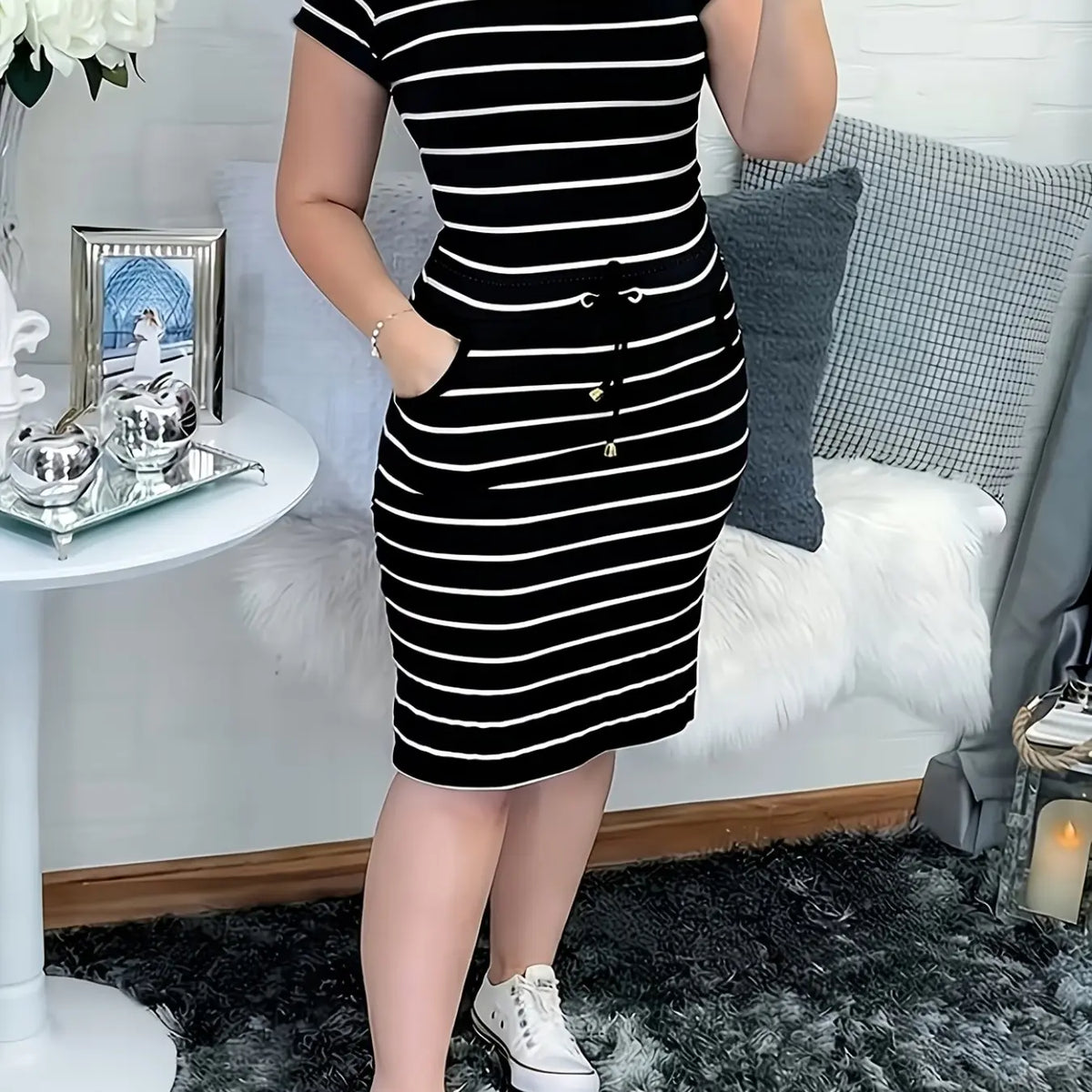 2026 New Casual Fit Double Pocket Lapel Button Plaid Drawstring Bodycon Dress, Stylish and Comfortable Design, Perfect for Daily Wear