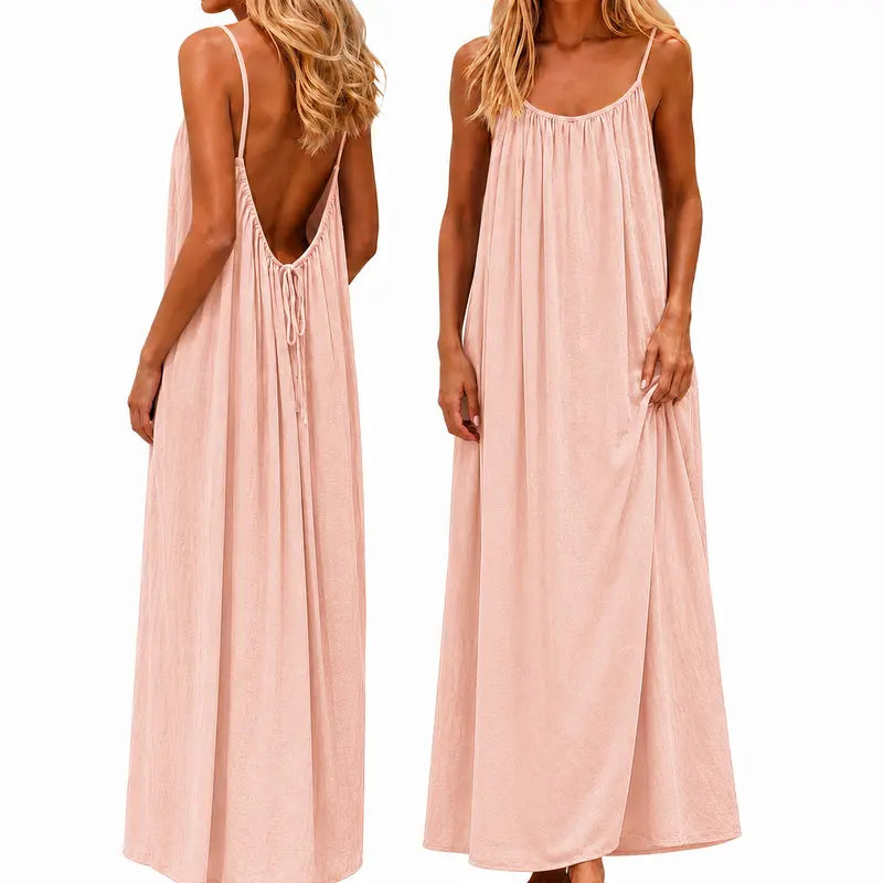 Women’s Backless Maxi Dress Spaghetti Strap Loose Flowy Summer Beach Vacation Dress