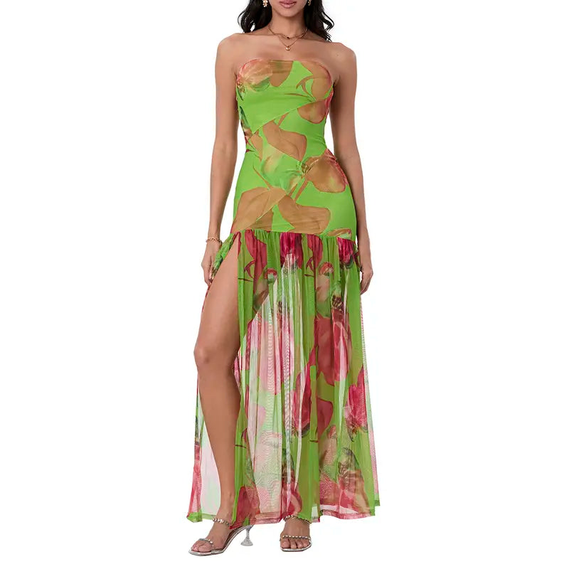 Women Strapless Tube Maxi Dress Tropical Leopard Print High Slit Chiffon Flowy Ruched Bodycon Long Formal Evening Party Gown
