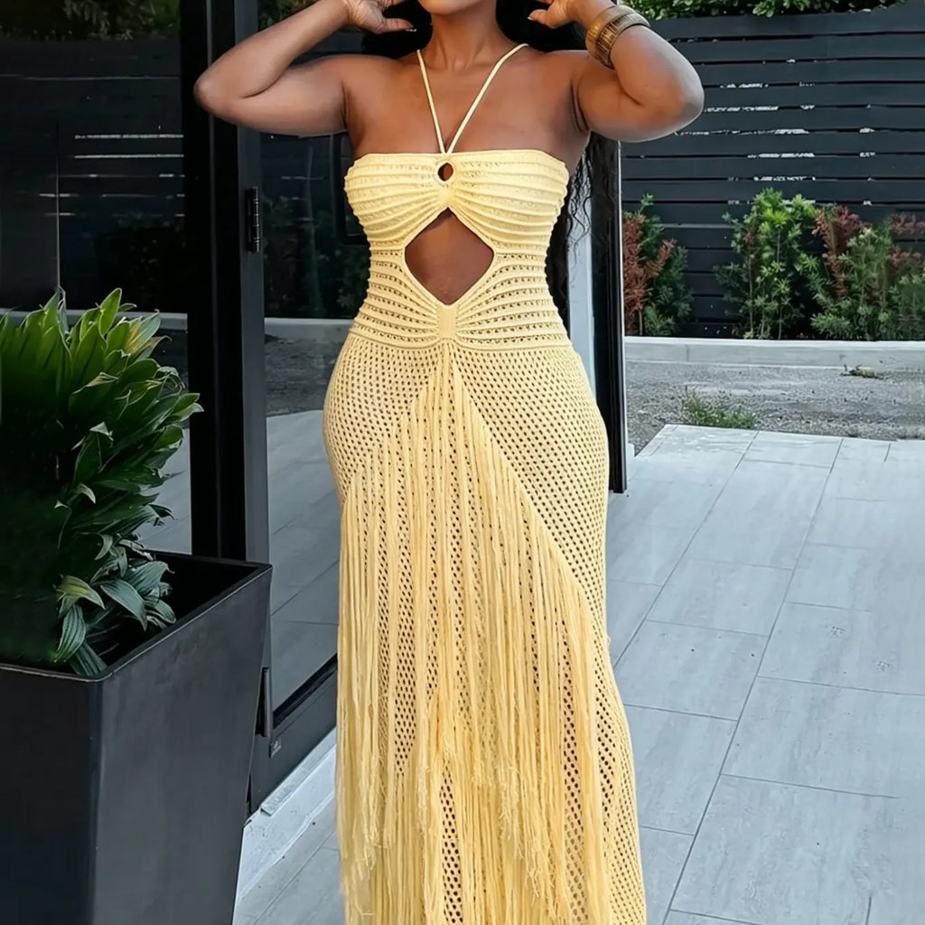 Women's Crochet Knit Breathable Maxi Dress with Fringe Tassel Sexy see through Cutout Halter Backless Boho Chic Casual Style Beach Party Vacation Summer Outfit Resort Wear Club Party Dress