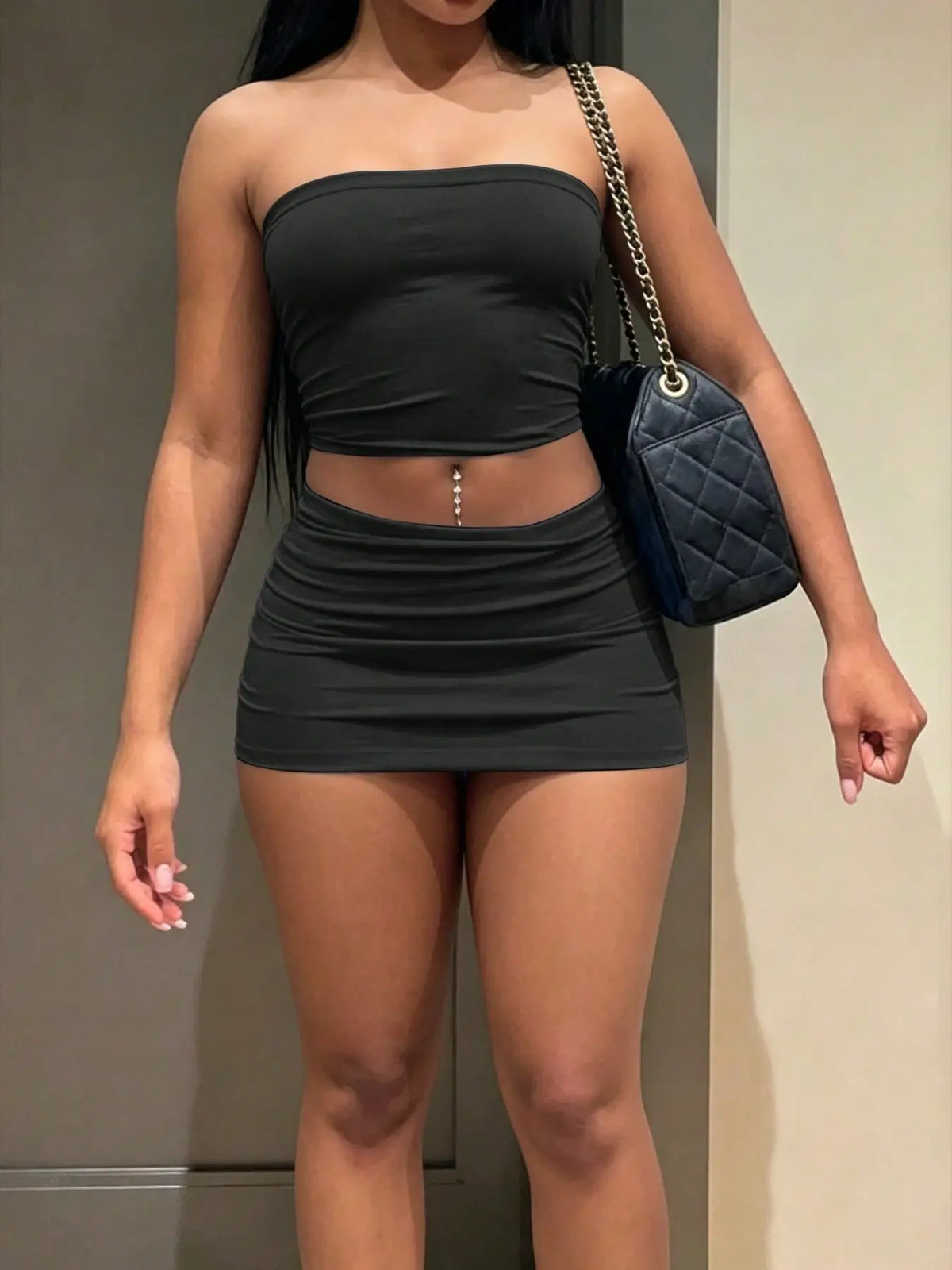 Women's Strapless Tube Top and Ruched Mini Skirt Two Piece Set, Chic Solid Color Slim Bodycon Summer Casual Matching Outfit for Streetwear Vacation