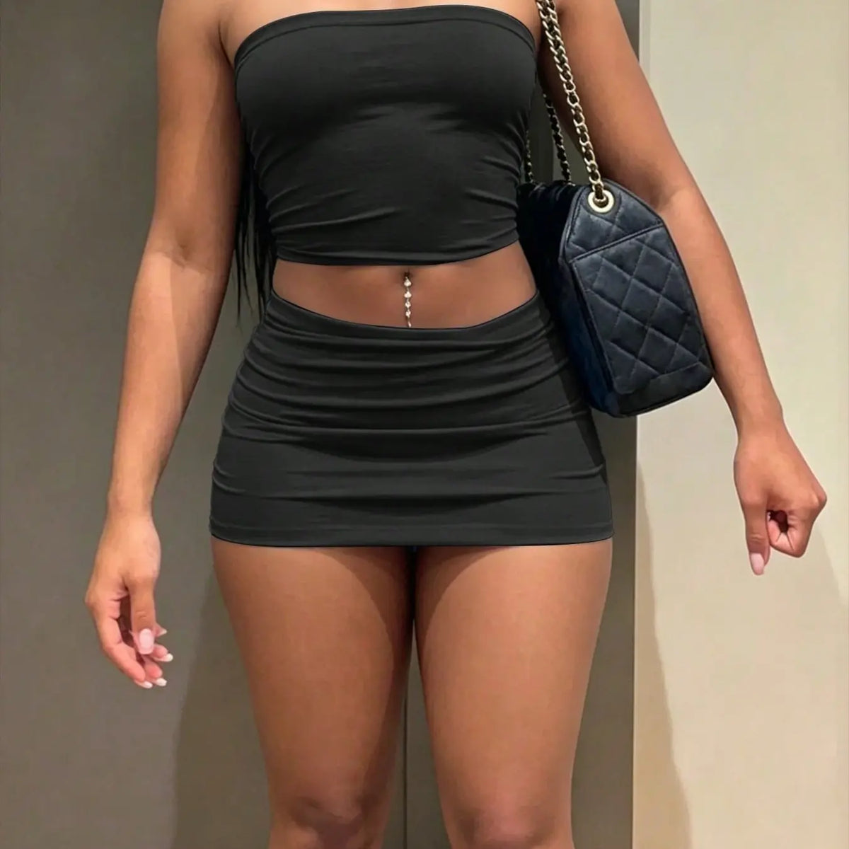 Women's Strapless Tube Top and Ruched Mini Skirt Two Piece Set, Chic Solid Color Slim Bodycon Summer Casual Matching Outfit for Streetwear Vacation