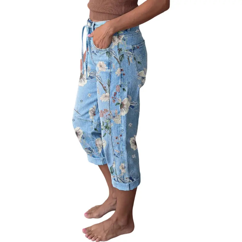 Flamingals Floral Pattern Drawstring Stitch Detail Mid Waist Barrel Leg Capri Jeans Womenswear Stretchy 20.5" Inseam