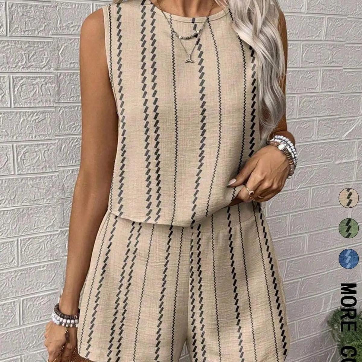 Women's Striped Two-Piece Set, Sleeveless Round Neck Crop Tank Top and Shorts, Ladies Clothes for Daily Casual Wear, Summer Matching Set