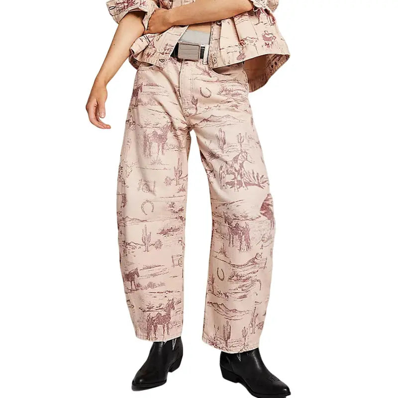 CHOUYATOU Women's Printed Wide-Leg Jeans Y2k Loose Mid-Rise Jeans in Soft Pink with Boho Floral Pattern Casual Denim Trousers