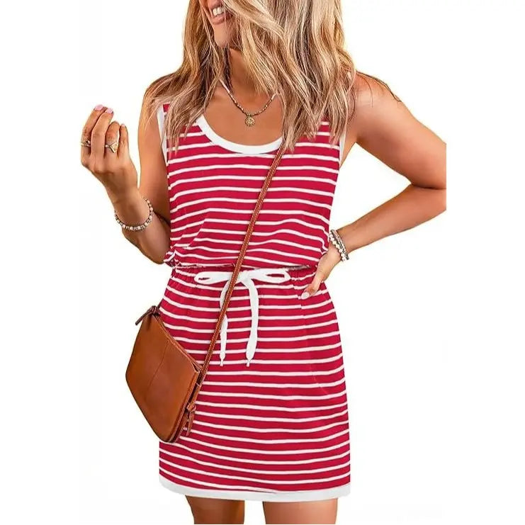 Imily Bela Womens Summer Sleeveless Striped Dress Drawstring Waist Casual Tank Mini Dresses with Pockets