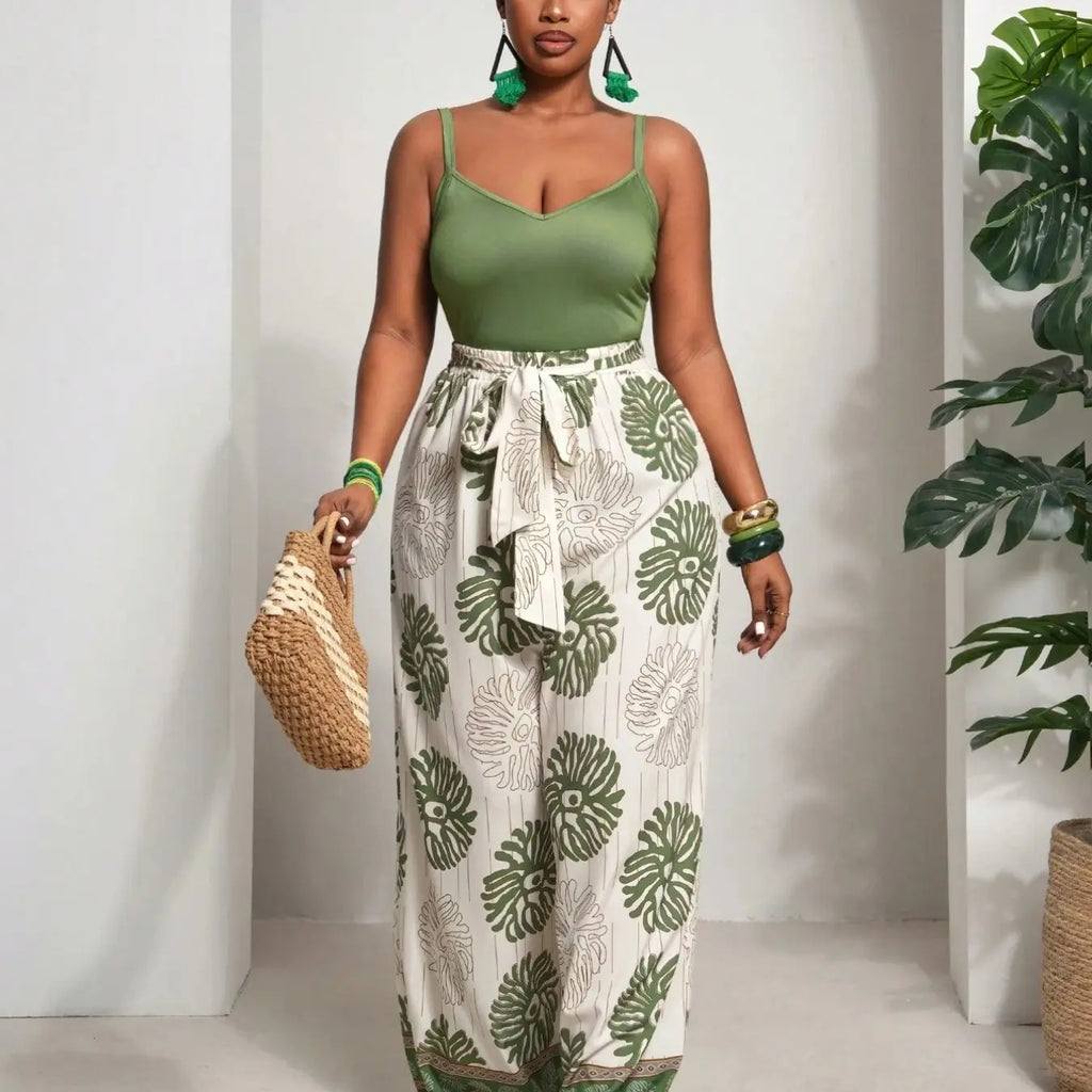 Summer Beach Boho Chic Style Bohemian Tank Top & Wide Leg Pants Set Outfit, Music Festival Theme, Easter, St Patrick's Day, Casual Wear, Floral Pattern Ly6038