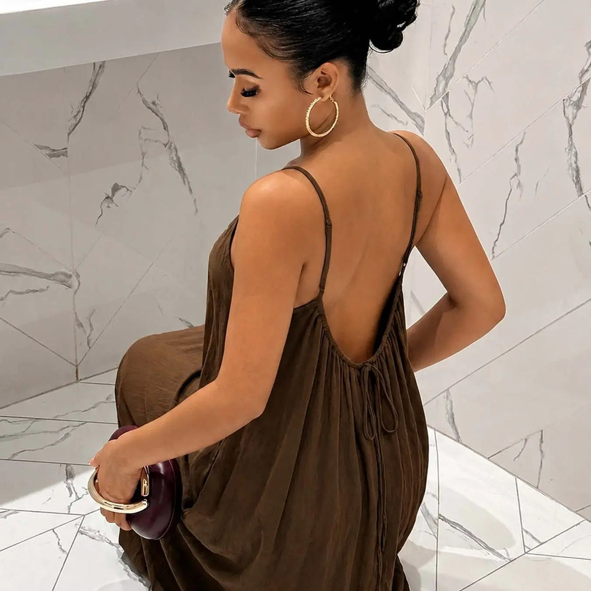 Women's Plain Ruched Pleated Backless Dress, Long Bohemian Style Fitted Sleeveless Party Gown for Spring & Fall, Elegant Casual Design, Perfect for Everyday Wear, Elegance, Basic