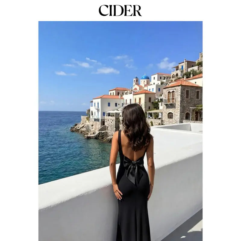 Cider Scoop Neckline Solid Bowknot Backless Maxi Dress Minimalist High Stretch Womenswear